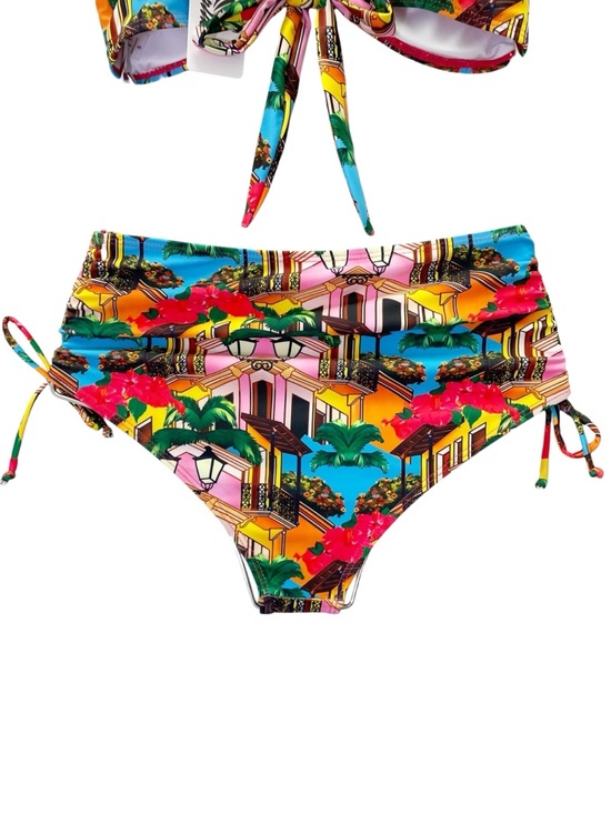 NWT Sporlike Tropical Town Print Bikini Set Ruffle Top High Waist Bottom Small - Picture 9 of 14